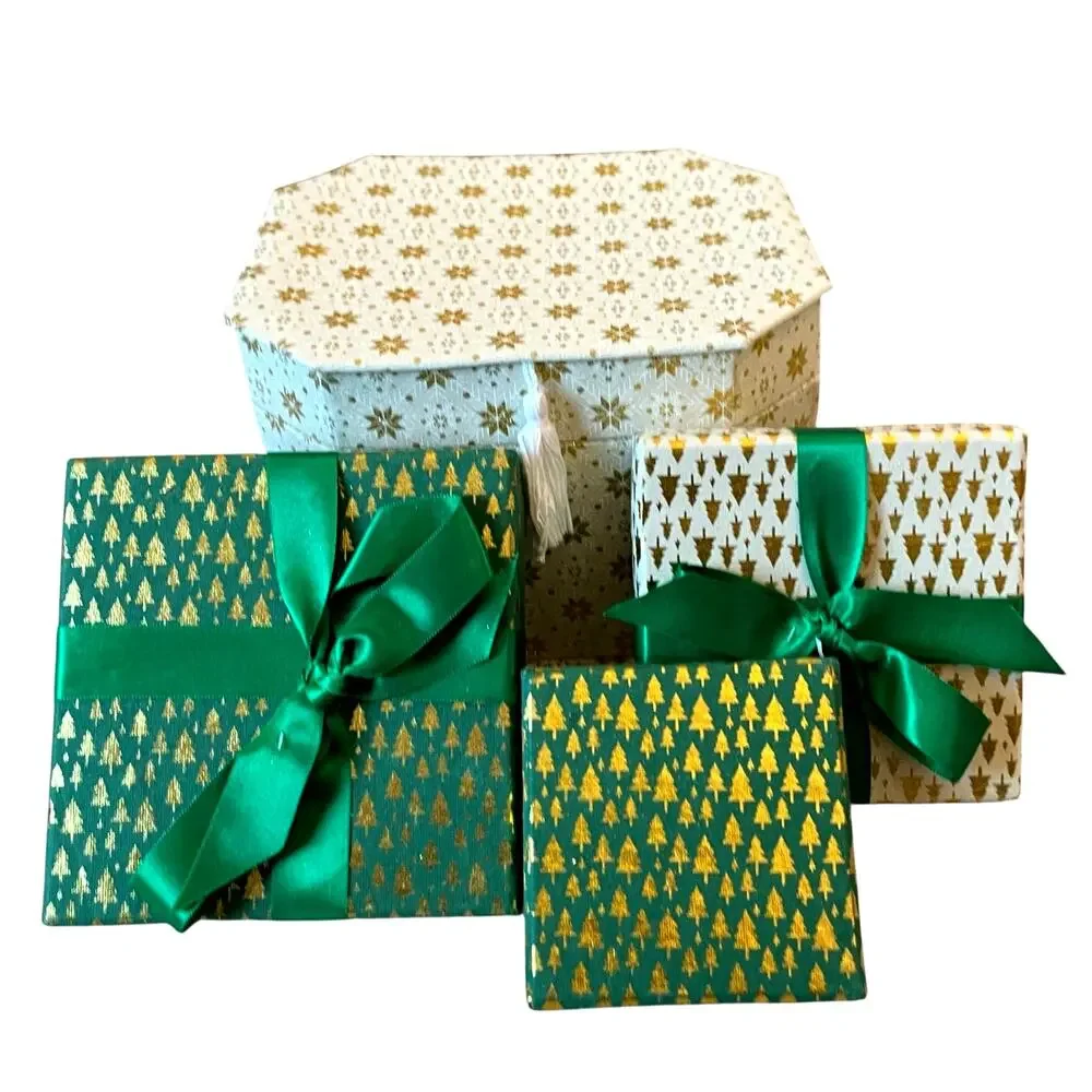 Christmas Gift Boxes w/ Lids Ribbon 4pc Premium Holiday Gift Wrap Green Gold NEW